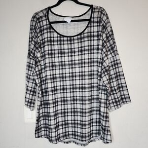 Sunday Stretch Soft knit black gray plaid drop shoulder 3/4 sleeve top size 3X